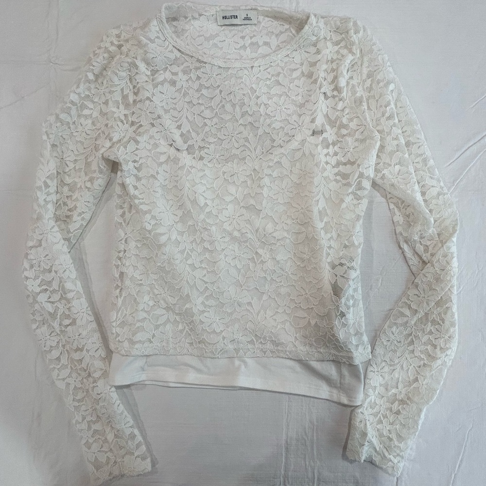 Hollister White Lace Long-Sleeve Blouse with Interior Cami